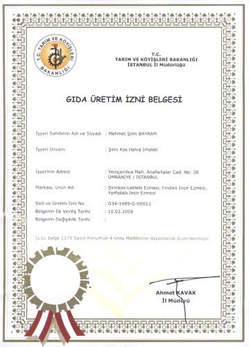 Ezme Grubu Üretim İzin Belgesi